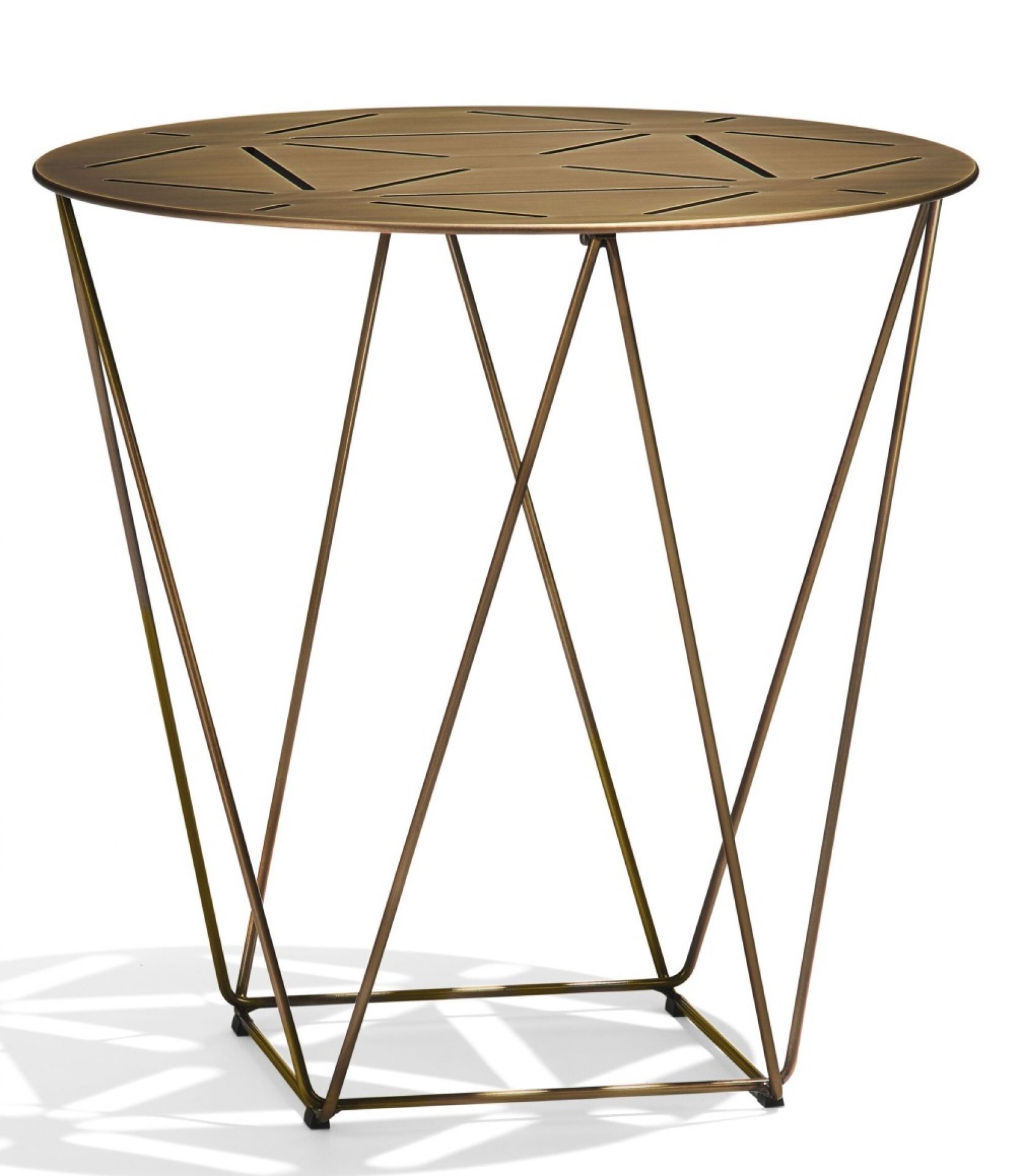 Joco Beistelltisch mit runder Tischplatte und filigranem, bronzefarbenem Metallgestell. Moderner kleiner Tisch.